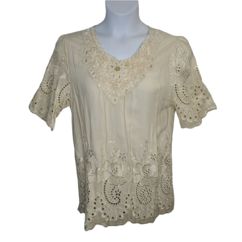 NEW Venice Blue ivory beaded embellished eyelet tunic blouse top M/L‎